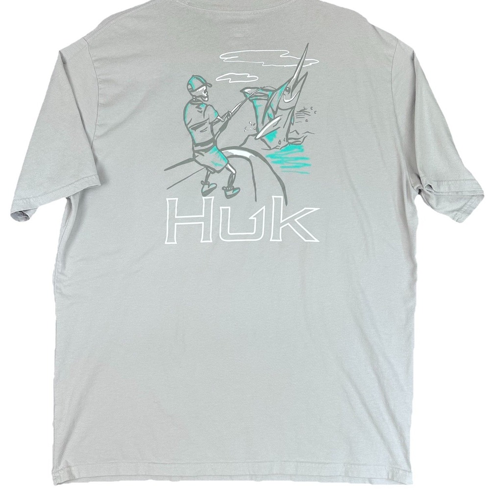 Huk Men's XL Gray Fishing T-Shirt Skeleton Graphic Short Sleeve Performance Crew